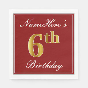 Elegant Red, Faux Gold 6th Birthday + Custom Name Napkin