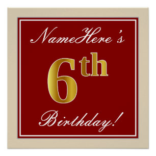 Elegant, Red, Faux Gold 6th Birthday + Custom Name Poster