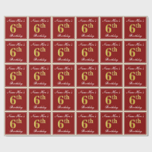 Elegant, Red, Faux Gold 6th Birthday + Custom Name Wrapping Paper
