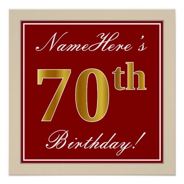 Elegant, Red, Faux Gold 70th Birthday; Custom Name Poster (Front)