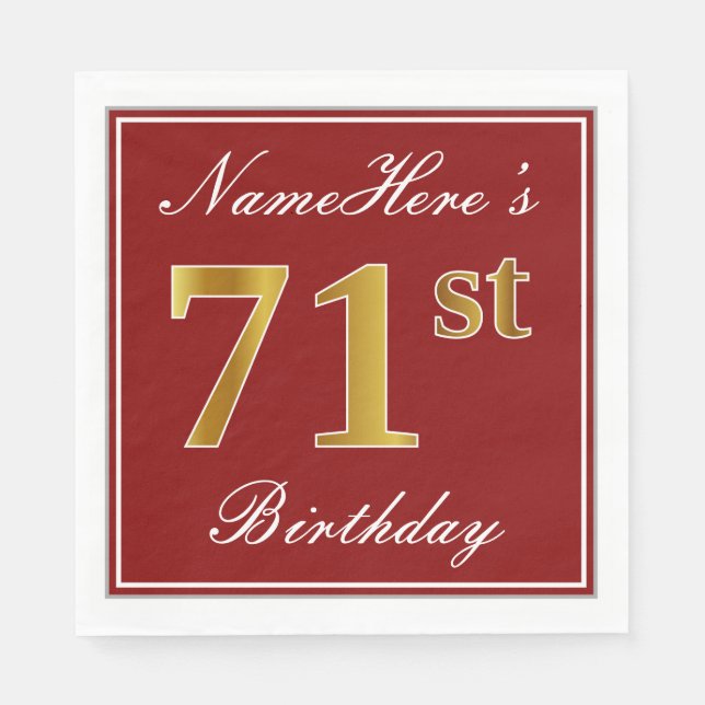 Elegant Red, Faux Gold 71st Birthday + Custom Name Napkin (Front)