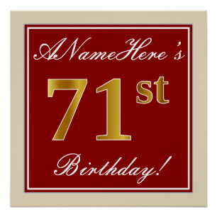 Elegant, Red, Faux Gold 71st Birthday; Custom Name Poster