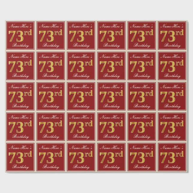 Elegant, Red, Faux Gold 73rd Birthday; Custom Name Wrapping Paper (Flat)