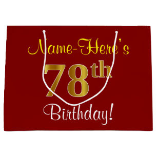 Elegant, Red, Faux Gold 78th Birthday; Custom Name Large Gift Bag