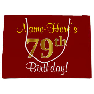 Elegant, Red, Faux Gold 79th Birthday; Custom Name Large Gift Bag