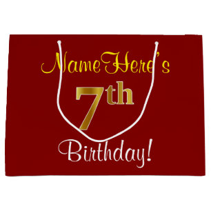Elegant, Red, Faux Gold 7th Birthday + Custom Name Large Gift Bag