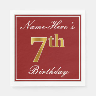 Elegant Red, Faux Gold 7th Birthday + Custom Name Napkin
