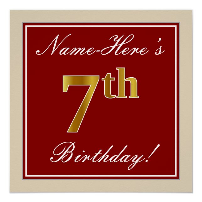 Elegant, Red, Faux Gold 7th Birthday + Custom Name Poster (Front)