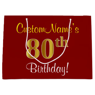 Elegant, Red, Faux Gold 80th Birthday; Custom Name Large Gift Bag