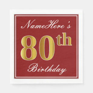 Elegant Red, Faux Gold 80th Birthday + Custom Name Napkin