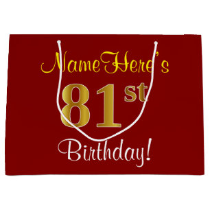 Elegant, Red, Faux Gold 81st Birthday; Custom Name Large Gift Bag