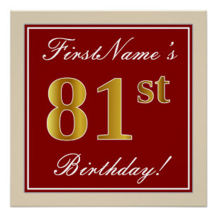 Elegant, Red, Faux Gold 81st Birthday; Custom Name Poster