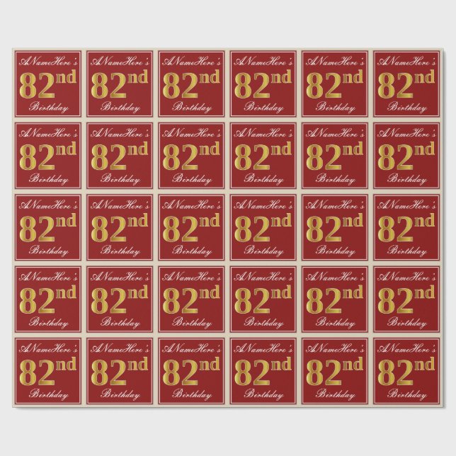 Elegant, Red, Faux Gold 82nd Birthday; Custom Name Wrapping Paper (Flat)
