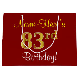 Elegant, Red, Faux Gold 83rd Birthday; Custom Name Large Gift Bag