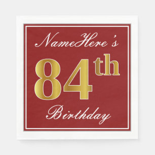 Elegant Red, Faux Gold 84th Birthday + Custom Name Napkin