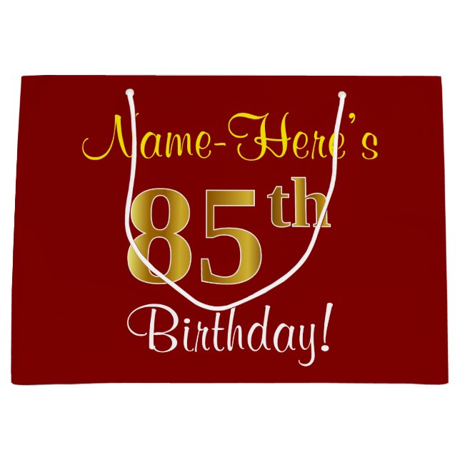 Elegant, Red, Faux Gold 85th Birthday; Custom Name Large Gift Bag (Front)