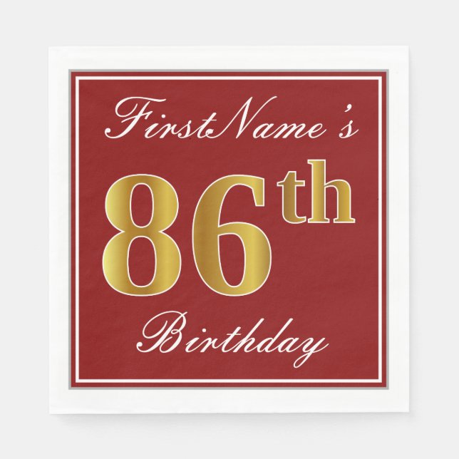Elegant Red, Faux Gold 86th Birthday + Custom Name Napkin (Front)
