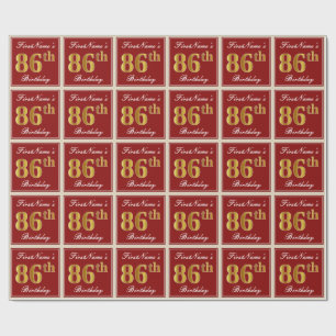 Elegant, Red, Faux Gold 86th Birthday; Custom Name Wrapping Paper