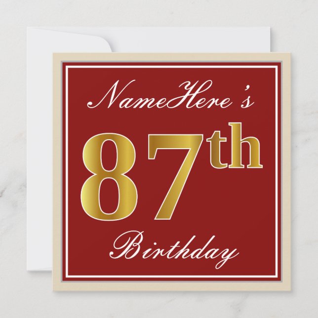 Elegant, Red, Faux Gold 87th Birthday; Custom Name Invitation (Front)