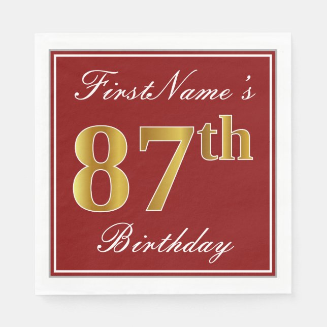 Elegant Red, Faux Gold 87th Birthday + Custom Name Napkin (Front)