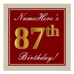 Elegant, Red, Faux Gold 87th Birthday; Custom Name Poster