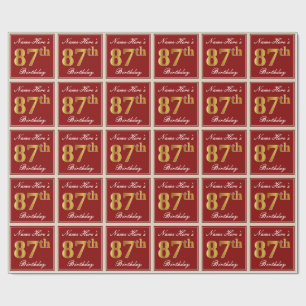 Elegant, Red, Faux Gold 87th Birthday; Custom Name Wrapping Paper