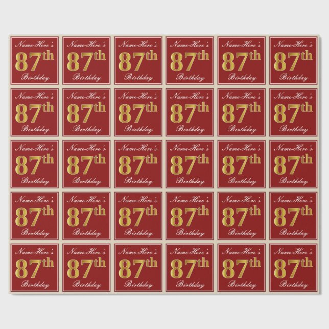 Elegant, Red, Faux Gold 87th Birthday; Custom Name Wrapping Paper (Flat)