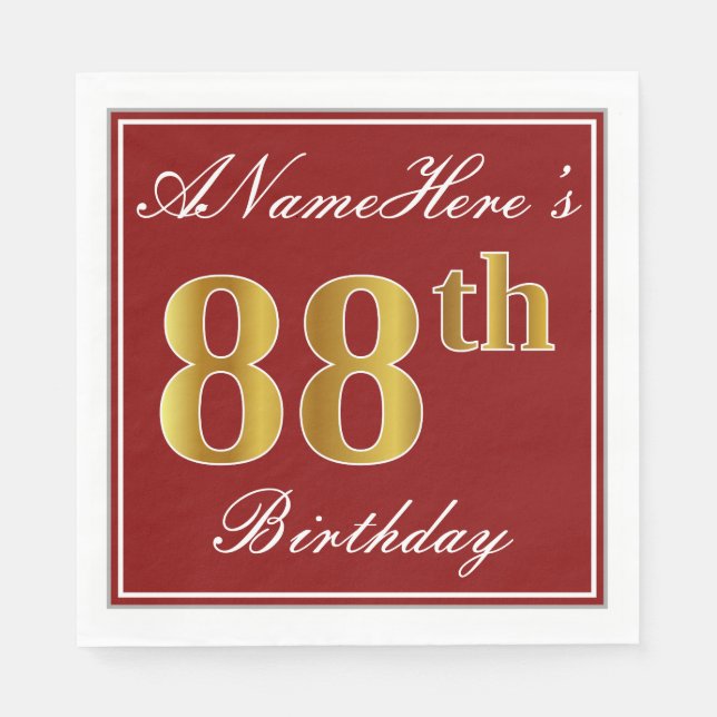 Elegant Red, Faux Gold 88th Birthday + Custom Name Napkin (Front)
