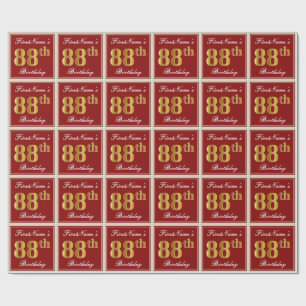 Elegant, Red, Faux Gold 88th Birthday; Custom Name Wrapping Paper