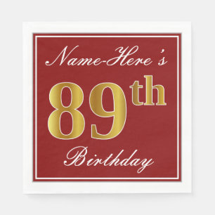 Elegant Red, Faux Gold 89th Birthday + Custom Name Napkin