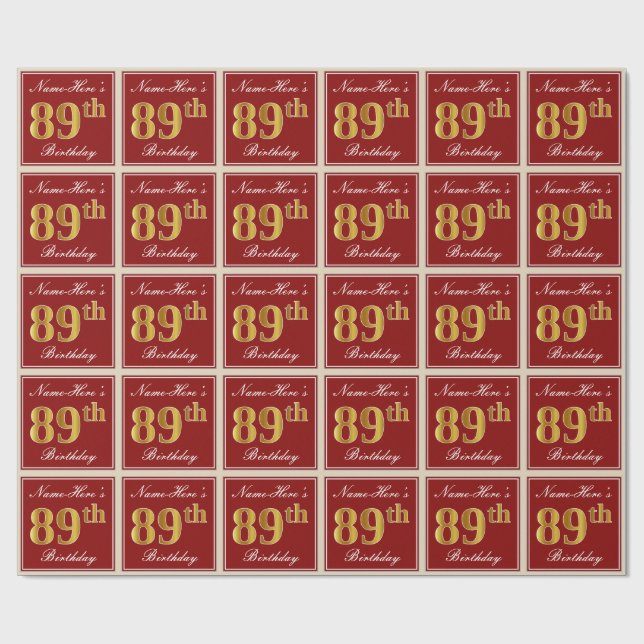 Elegant, Red, Faux Gold 89th Birthday; Custom Name Wrapping Paper (Flat)