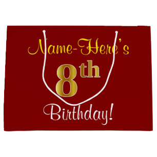 Elegant, Red, Faux Gold 8th Birthday + Custom Name Large Gift Bag