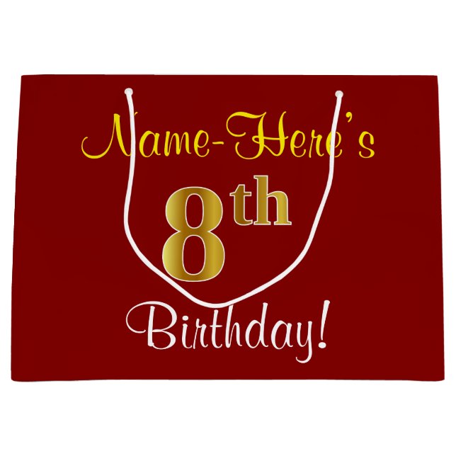 Elegant, Red, Faux Gold 8th Birthday + Custom Name Large Gift Bag (Front)