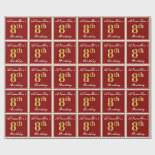 Elegant, Red, Faux Gold 8th Birthday + Custom Name Wrapping Paper