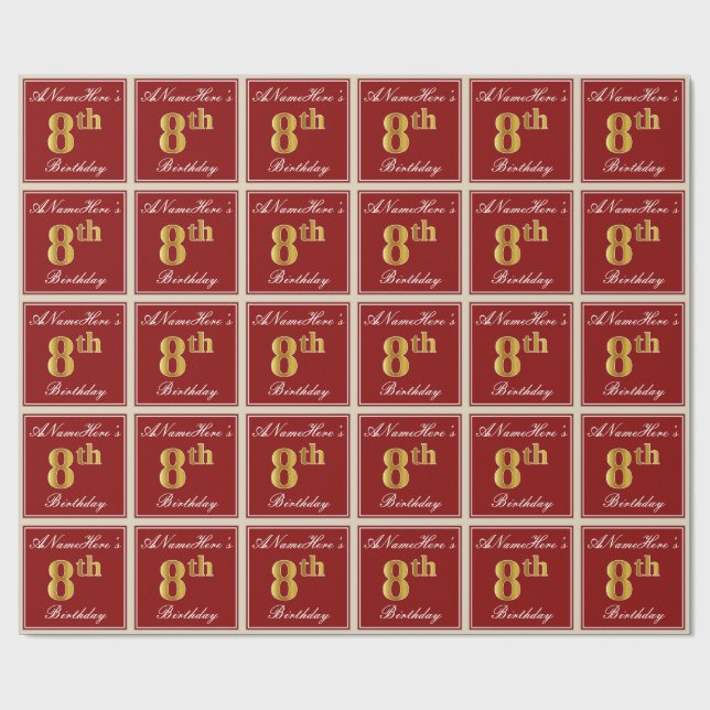 Elegant, Red, Faux Gold 8th Birthday + Custom Name Wrapping Paper (Flat)