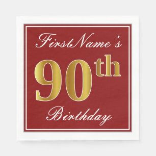 Elegant Red, Faux Gold 90th Birthday + Custom Name Napkin