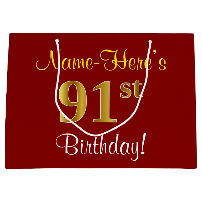 Elegant, Red, Faux Gold 91st Birthday; Custom Name Large Gift Bag (Front)