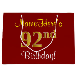 Elegant, Red, Faux Gold 92nd Birthday; Custom Name Large Gift Bag