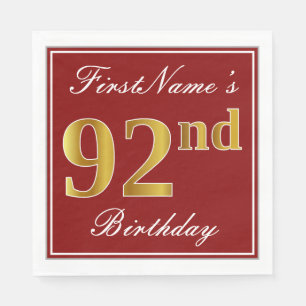 Elegant Red, Faux Gold 92nd Birthday + Custom Name Napkin