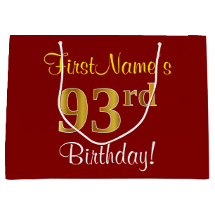 Elegant, Red, Faux Gold 93rd Birthday; Custom Name Large Gift Bag