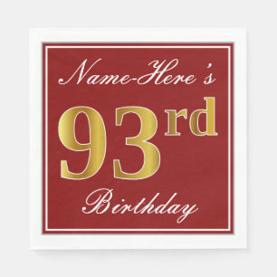 Elegant Red, Faux Gold 93rd Birthday + Custom Name Napkin