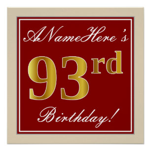 Elegant, Red, Faux Gold 93rd Birthday; Custom Name Poster