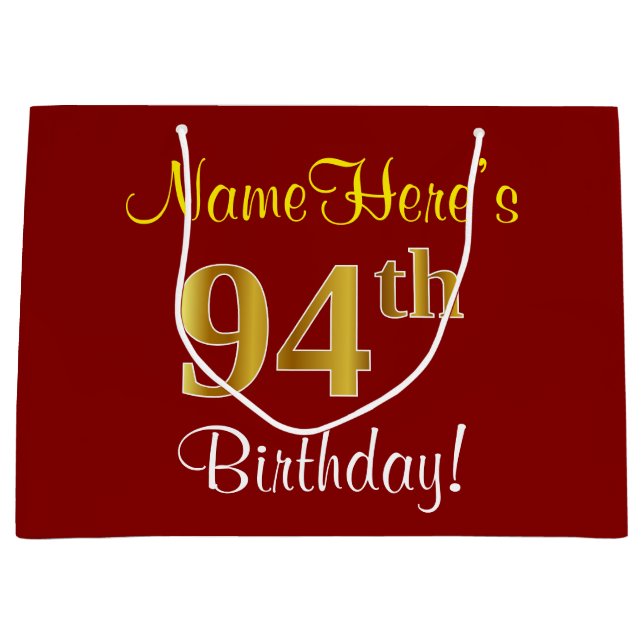 Elegant, Red, Faux Gold 94th Birthday; Custom Name Large Gift Bag (Front)