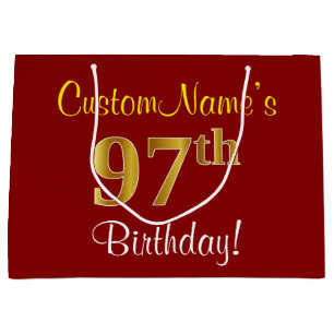 Elegant, Red, Faux Gold 97th Birthday; Custom Name Large Gift Bag