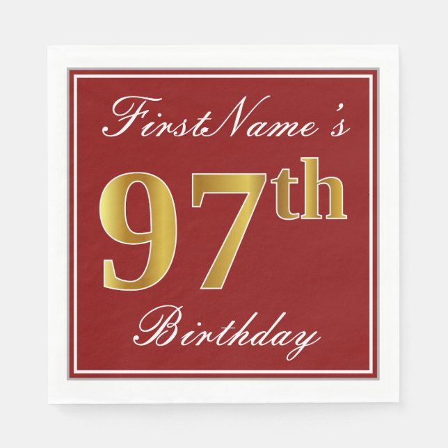 Elegant Red, Faux Gold 97th Birthday + Custom Name Napkin (Front)