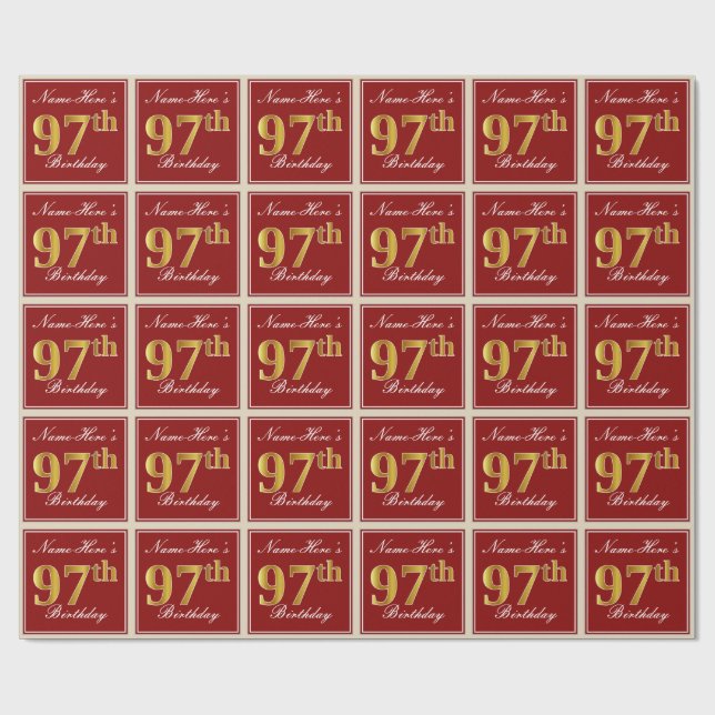 Elegant, Red, Faux Gold 97th Birthday; Custom Name Wrapping Paper (Flat)