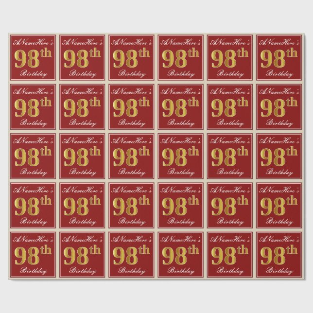Elegant, Red, Faux Gold 98th Birthday; Custom Name Wrapping Paper (Flat)