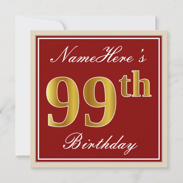 Elegant, Red, Faux Gold 99th Birthday; Custom Name Invitation (Front)