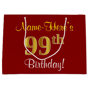 Elegant, Red, Faux Gold 99th Birthday; Custom Name Large Gift Bag