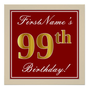 Elegant, Red, Faux Gold 99th Birthday; Custom Name Poster